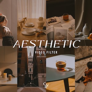 May include: Aesthetic video filter promotional image. The image is a collage of lifestyle scenes, including a person, a dining table, a building, and a drink. The word "Aesthetic" is written in large white letters.
