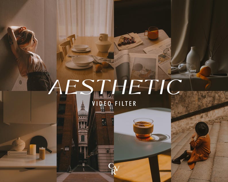 May include: Aesthetic video filter promotional image. The image is a collage of lifestyle scenes, including a person, a dining table, a building, and a drink. The word "Aesthetic" is written in large white letters.