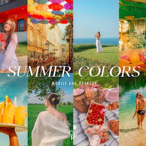 Op de afbeelding: Een collage met zomerthema's met de tekst "SUMMER COLORS" en "MOBILE AND DESKTOP". De afbeeldingen tonen een vrouw met een lolly, een straat met paraplu's, een vrouw aan zee en een picknick.
