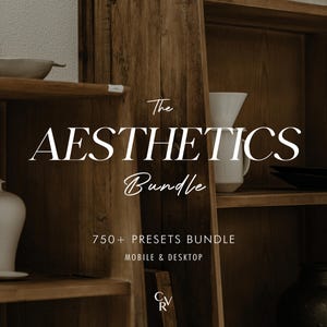 以下が含まれることがあります： The Aesthetics Bundle: モバイルとデスクトップ用の750以上のプリセット。テキストは、白いセラミックアイテムと黒いプレートのある木製棚に表示されます。