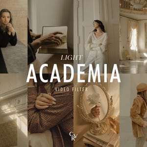 May include: A collage featuring a woman in a black dress, a person holding a book, a woman in white clothing, and a woman in a tan outfit. The text "LIGHT ACADEMIA VIDEO FILTER" is overlaid on the image. The overall aesthetic is vintage and elegant.