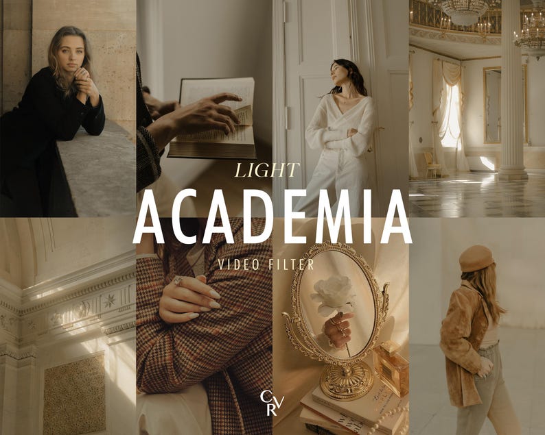 May include: A collage featuring a woman in a black dress, a person holding a book, a woman in white clothing, and a woman in a tan outfit. The text "LIGHT ACADEMIA VIDEO FILTER" is overlaid on the image. The overall aesthetic is vintage and elegant.