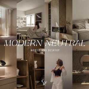 May include: A collage of images showcasing modern interior design with a neutral colour palette. The images feature a living room with a sofa, a fireplace, a bathroom with a vanity, and a bookshelf. The text "MODERN NEUTRAL" and "MOBILE AND DESKTOP" is displayed in the centre of the image.