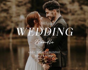 May include: A couple in love, the bride in a white dress and the groom in a black suit, stand close together with a bouquet of orange and red flowers. The text "THE WEDDING Bundle 650+ PRESETS BUNDLE MOBILE & DESKTOP" is displayed on the image.