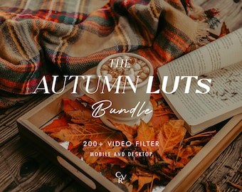 May include: A cozy autumn scene featuring a mug of hot chocolate with marshmallows, a book, and fall leaves on a wooden tray. A plaid blanket and the text "THE AUTUMN LUTS Bundle" are also visible.
