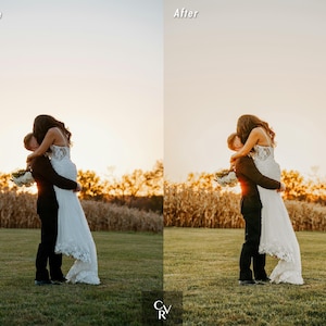 May include: A couple is embracing in a field, the woman is wearing a white wedding dress and the man is wearing a black suit. The couple is silhouetted against a sunset.