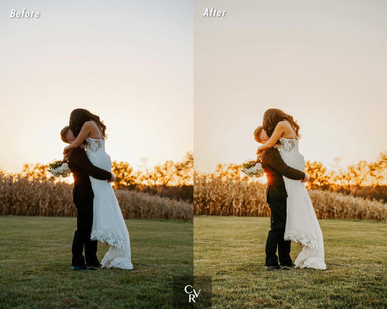 May include: A couple is embracing in a field, the woman is wearing a white wedding dress and the man is wearing a black suit. The couple is silhouetted against a sunset.