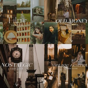 May include: A collage of images with a vintage aesthetic. The text overlays include "Film," "Old Money," "Nostalgic," and "Vintage Aesthetic," each followed by "Video Filter." The images feature diverse scenes, including a violinist, a horse, and a clock.