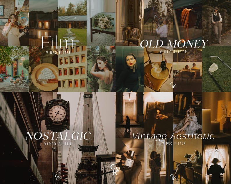 May include: A collage of images with a vintage aesthetic. The text overlays include "Film," "Old Money," "Nostalgic," and "Vintage Aesthetic," each followed by "Video Filter." The images feature diverse scenes, including a violinist, a horse, and a clock.