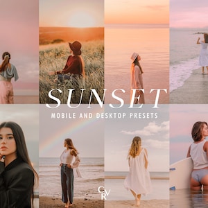 Puede incluir: Un collage de imágenes que muestran una variedad de ajustes preestablecidos de fotos con temática de puesta de sol para dispositivos móviles y de escritorio. Los ajustes preestablecidos crean tonos cálidos y dorados y efectos de iluminación suaves y soñadores.