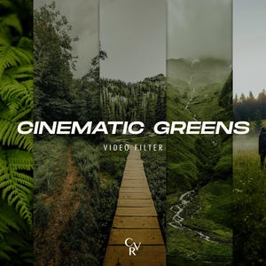 K&ouml;nnte beinhalten: Ein Videofilter namens "Cinematic Greens" mit gr&uuml;nem Waldhintergrund und einem Holzweg, der zu einer Br&uuml;cke f&uuml;hrt.