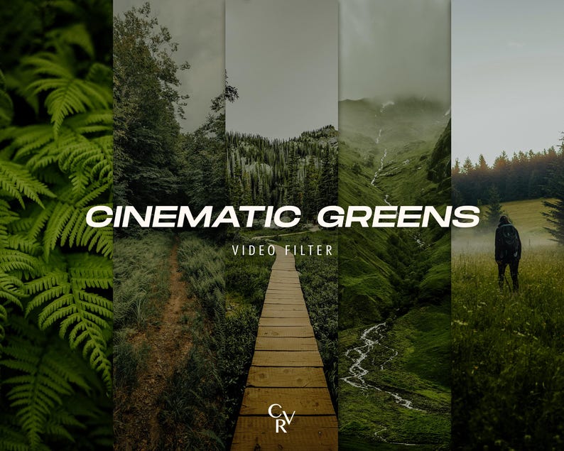 K&ouml;nnte beinhalten: Ein Videofilter namens "Cinematic Greens" mit gr&uuml;nem Waldhintergrund und einem Holzweg, der zu einer Br&uuml;cke f&uuml;hrt.