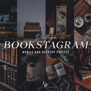 May include: Vintage Bookstagram mobile and desktop presets for editing photos. The image shows a collage of different book-themed photos, including stacks of books, open books, and a book-themed illustration.