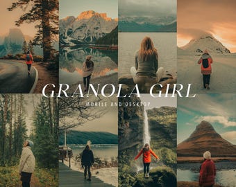May include: A collage of scenic landscape photos with people, featuring mountains, lakes, and forests. The text "GRANOLA GIRL" and "MOBILE AND DESKTOP" is overlaid on the images. The photos have a warm, earthy color palette.