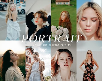 May include: A collage of images featuring different people with various hairstyles and clothing. The images are arranged in a grid pattern and the word "PORTRAIT" is written in large white letters across the top of the collage. The words "MOBILE AND DESKTOP PRESETS" are written in smaller white letters below the word "PORTRAIT".
