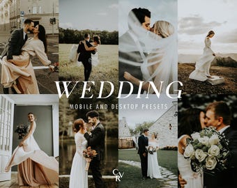 May include: A collection of wedding photography presets for mobile and desktop editing. The presets are designed to enhance the colors and tones of wedding photos, creating a warm and romantic look.