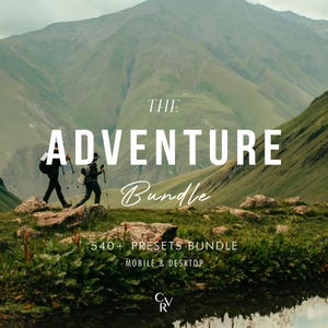May include: Scenic landscape with two hikers walking on a trail, mountains in the background. The text "THE ADVENTURE Bundle" is overlaid on the image, along with "540+ PRESETS BUNDLE MOBILE & DESKTOP". The image has a natural, outdoor theme.