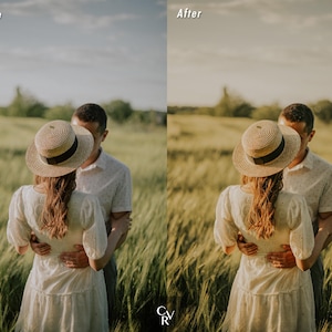 May include: A couple in a field, the woman is wearing a white dress and a straw hat, the man is wearing a white shirt. The photo is edited to have a warm, vintage look.