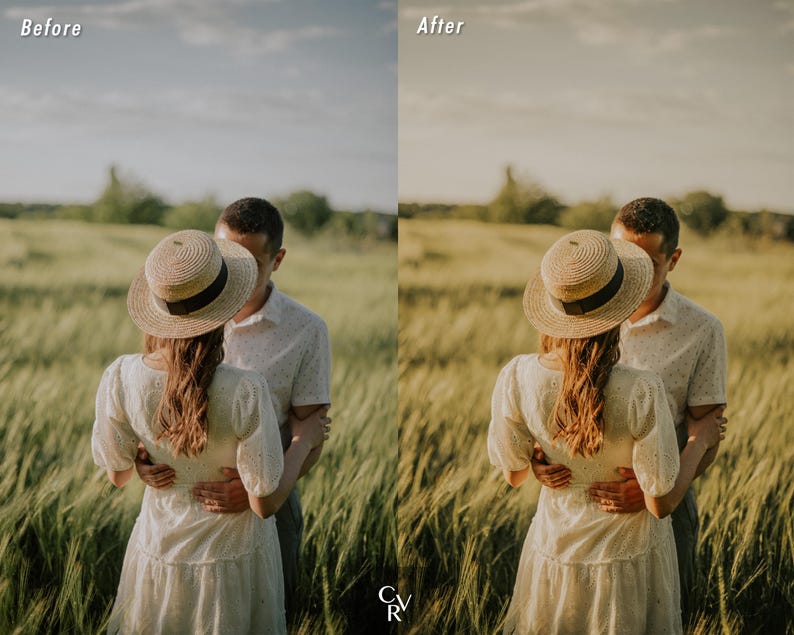 May include: A couple in a field, the woman is wearing a white dress and a straw hat, the man is wearing a white shirt. The photo is edited to have a warm, vintage look.