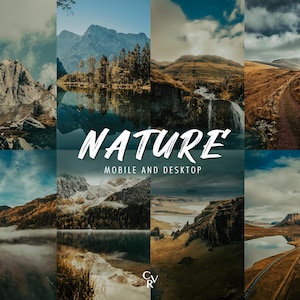 Peut inclure: Un collage de neuf photos de paysages mettant en scène différentes scènes naturelles, notamment des montagnes, des lacs, des rivières et des forêts. Le texte "NATURE MOBILE AND DESKTOP" est affiché au centre du collage.