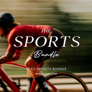 Puede incluir: Un anuncio de producto digital con un ciclista con maillot rojo y pantalones cortos negros sobre una bicicleta roja. El texto dice THE SPORTS Bundle 600+ PRESETS BUNDLE MOBILE & DESKTOP con un pequeño logotipo CRV en el centro inferior.