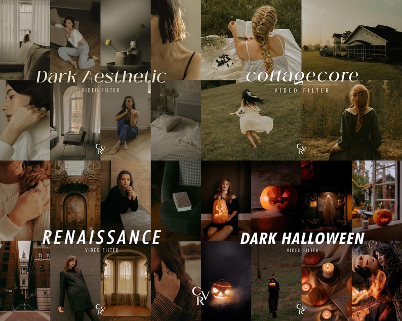 May include: A collection of images with a dark aesthetic theme, featuring scenes labelled "Dark Aesthetic," "cottagecore," "Renaissance," and "Dark Halloween." The images showcase diverse settings and subjects, with text overlays indicating video filter categories.