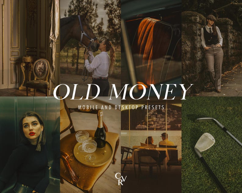 May include: A collage of images showcasing a collection of presets for mobile and desktop devices. The images include a horse, a vintage car, a woman in a white shirt, a glass of champagne, a golf club, and a couple sitting at a table.