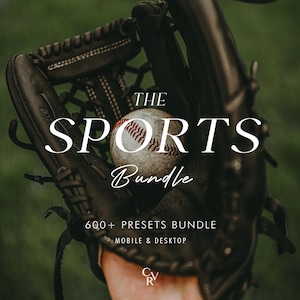 Peut inclure: Un gant de baseball en cuir marron foncé tenant une balle de baseball blanche avec des coutures rouges. Le texte indique THE SPORTS Bundle, 600+ PRESETS BUNDLE, MOBILE & DESKTOP, et CRV. L'image présente une collection de produits numériques.