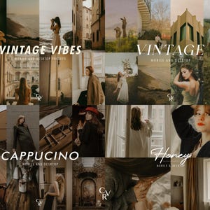 May include: A collage of images showcasing different photo filter presets for mobile and desktop. The presets are named "Vintage Vibes", "Vintage", "Cappuccino", and "Honey".