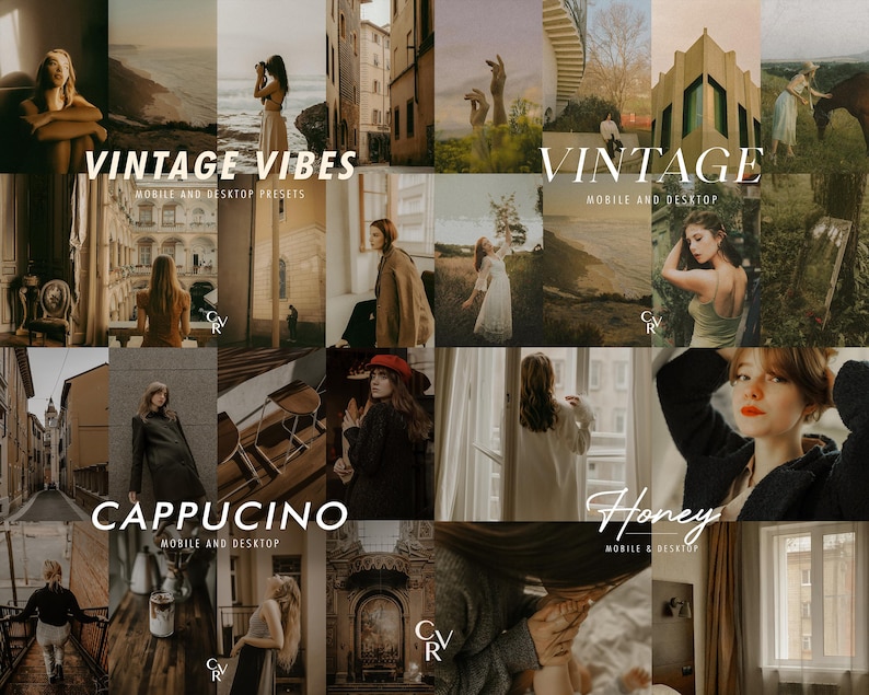 May include: A collage of images showcasing different photo filter presets for mobile and desktop. The presets are named "Vintage Vibes", "Vintage", "Cappuccino", and "Honey".