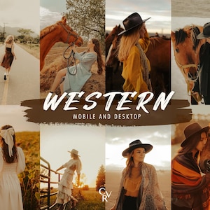 20 ajustes preestablecidos de Lightroom occidentales. Para escritorio y dispositivos móviles. 20 ajustes preestablecidos diferentes. Fotografía con filtros boho, marrón, rústico, cálido, vintage y campestre