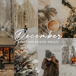 May include: A collage of wintery images featuring a snowy forest, a cozy cabin, a cup of coffee, and a person wearing a brown jacket and a beanie. The text "December Mobile and Desktop Presets" is displayed in white.
