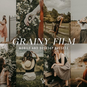 Puede incluir: Un collage de imágenes con personas que llevan diferentes atuendos y posan en varios escenarios. Las imágenes están estilizadas con un efecto de película granulada y el texto "GRAINY FILM MOBILE AND DESKTOP PRESETS" se muestra en el centro.