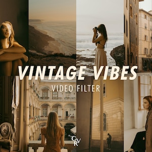 May include: A collage of images with a vintage aesthetic. The text "VINTAGE VIBES VIDEO FILTER" is overlaid on the images. The images include a woman, a beach, a person taking a photo, buildings, and a person looking out a window.