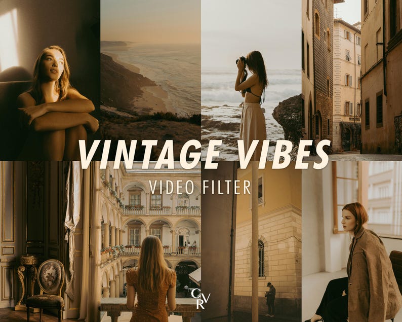 May include: A collage of images with a vintage aesthetic. The text "VINTAGE VIBES VIDEO FILTER" is overlaid on the images. The images include a woman, a beach, a person taking a photo, buildings, and a person looking out a window.