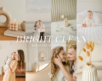 May include: A collage of images showcasing a collection of mobile and desktop presets called "Bright Clean". The images feature a couple, a baby, a vase with flowers, a candle, and a room with a mirror and a lamp.