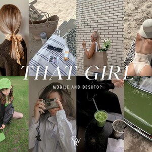 May include: A collage of images featuring various scenes and objects, including a woman wearing a brown sweater, a woman wearing a white hat and a white swimsuit, a woman wearing a black shirt and jeans, a woman wearing a green hat and a black jacket, a woman wearing a white shirt and holding a camera, a car, and a cup of green tea.