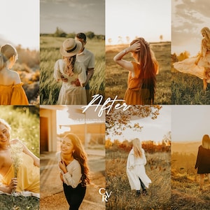 May include: A collection of photos showcasing different lighting and color grading styles. The photos feature people in various poses and settings, including a field, a forest, and a city street. The photos are all in a warm, inviting tone.