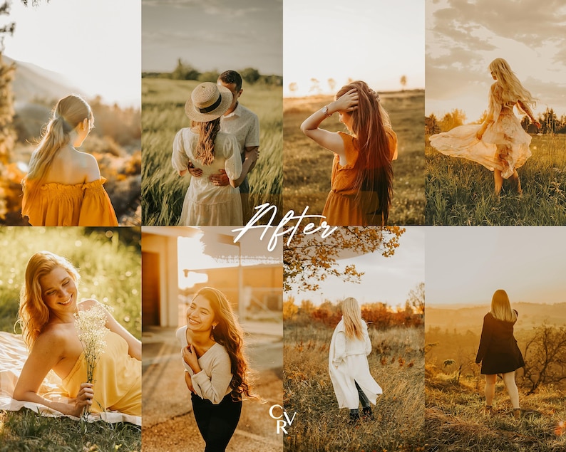 May include: A collection of photos showcasing different lighting and color grading styles. The photos feature people in various poses and settings, including a field, a forest, and a city street. The photos are all in a warm, inviting tone.