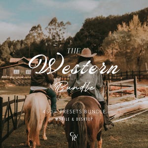 May include: Two people on horseback ride through a rural landscape. The image features the text "The Western Bundle" in elegant script, along with "450+ Presets Bundle Mobile & Desktop". The scene is bathed in warm, natural light, suggesting a photography or design product.