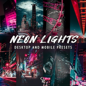 May include: A collage of images showcasing neon lights in a city setting. The images feature vibrant pink and blue neon lights illuminating buildings, streets, and a Ferris wheel. The text "NEON LIGHTS" and "DESKTOP AND MOBILE PRESETS" is displayed in white.