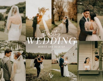 Puede incluir: Un collage de fotos de boda con parejas en varios entornos al aire libre. El texto "Earthy WEDDING" se muestra en el centro. Las imágenes muestran novias con vestidos blancos y novios con trajes, con fondos naturales.