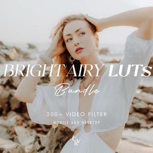 May include: A woman in a white dress poses outdoors with the text "BRIGHT AIRY LUTS Bundle" and "200+ VIDEO FILTER MOBILE AND DESKTOP". The image has a soft, airy aesthetic, with a focus on natural light and a coastal background.