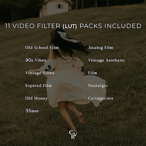 May include: Image featuring a person running through a field, with text overlay indicating "11 VIDEO FILTER (LUT) PACKS INCLUDED." Additional text includes "Old School Film," "90s Vibes," and "Vintage Vibes."