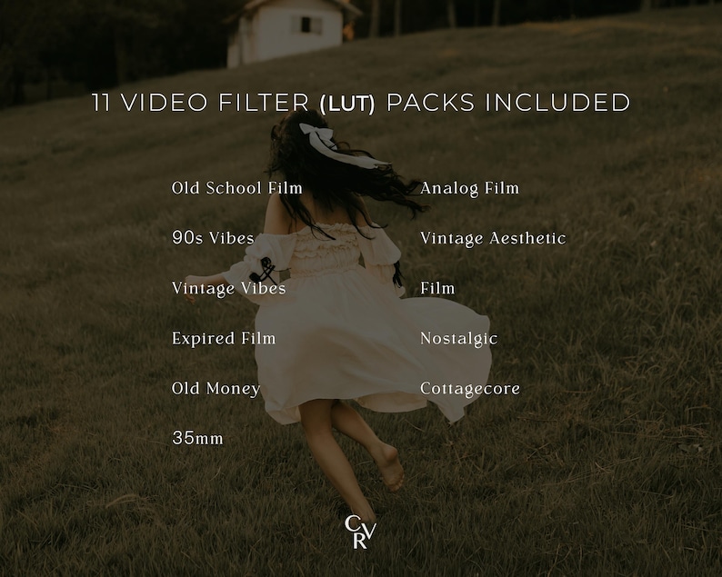 May include: Image featuring a person running through a field, with text overlay indicating "11 VIDEO FILTER (LUT) PACKS INCLUDED." Additional text includes "Old School Film," "90s Vibes," and "Vintage Vibes."