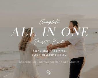May include: A couple on a beach with the text "Complete All In One Presets Bundle" and "2500+ Mobile Presets 2500+ Desktop Presets" and "One Purchase - Lifetime Access to New Updates".