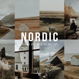May include: A collage of images showcasing the Nordic mobile and desktop presets. The images feature landscapes with a muted color palette, including a white church, a small wooden house, a sheep, a waterfall, and a couple sitting on a grassy hill.