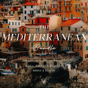 May include: A digital product advertisement featuring a coastal village with orange, yellow, and white buildings. Text overlays read: THE MEDITERRANEAN Bundle, 620+ PRESETS BUNDLE MOBILE & DESKTOP, and the initials CRV at the bottom centre of the image.