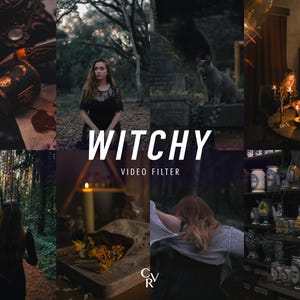 May include: A montage of images with a witchy aesthetic. The central image displays the word "WITCHY" in white, with "VIDEO FILTER" beneath. Other images include a woman in a forest, a cat on a tombstone, and lit candles.