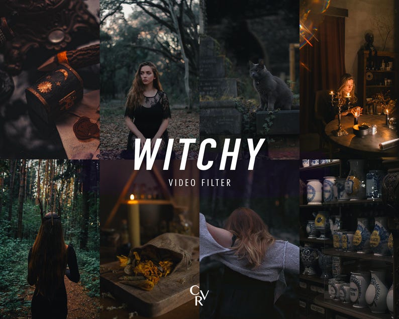 May include: A montage of images with a witchy aesthetic. The central image displays the word "WITCHY" in white, with "VIDEO FILTER" beneath. Other images include a woman in a forest, a cat on a tombstone, and lit candles.